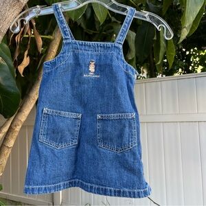 Vintage Ralph Lauren Girls Denim Blue Overall Dress with an Embroidered Bear